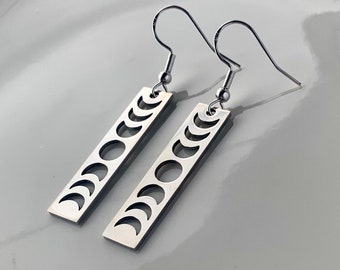 Moon Phase Bar Silver Stainless Steel Earrings, Astronomy Gifts, Gift Giving, Celestial Earrings, Gifts For Her, Moon Gifts, Hypoallergenic