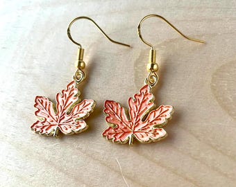 Pink Maple Leaf Earrings, Dangle, Autumn Jewelry, Outdoorsy, Minimalist Earrings, Fall Leaves, Hypoallergenic, Gifts For Her, Gift Giving