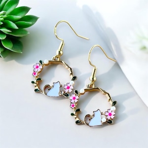Cat Hoop Dangle Earrings, Pink Flowers, Pearls, White Cat, White Cat, Veterinarian Gift, Cat Gifts, Gift For Her, Hypoallergenic, White