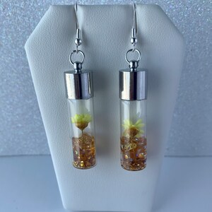 Yellow Dried Flower Glass Bottle Earrings, Transparent Earrings, Gifts For Her, Boho Earrings, Nature Jewelry, Hypoallergenic, Floral