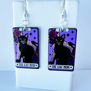 The Cat Mom Tarot Acrylic Earrings, Cat Lover Gift, Gifts For Her, Hypoallergenic, Witchy Jewelry, Black Cat, Oracle, Gift Giving, Halloween