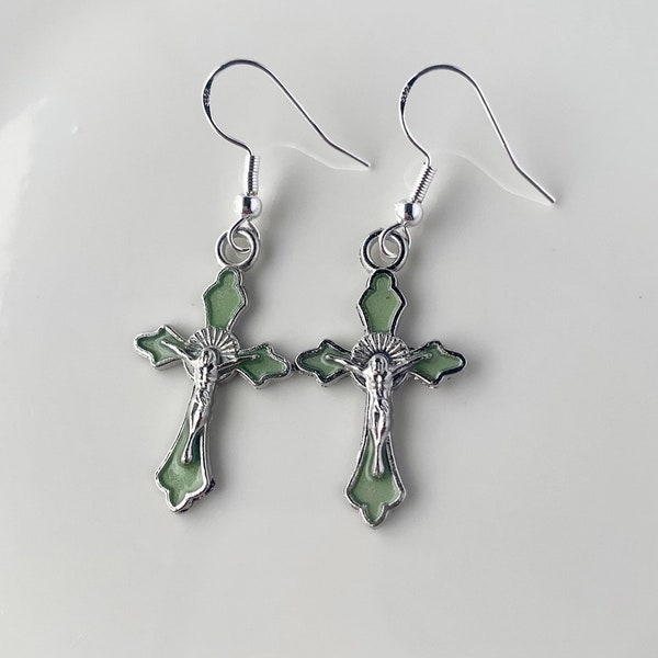 Light Green Antique Enamel Silver Cross Religious Crucifix Earrings, Gift Giving, Religious Gifts, Jesus Gifts, Church Gifts, Hypoallergenic