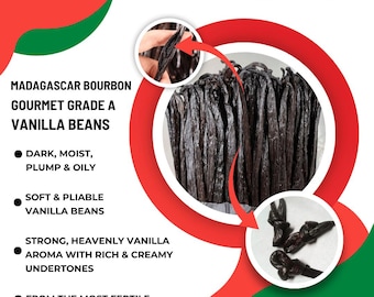 May include: Close-up of dark brown Madagascar Bourbon vanilla beans. The beans are plump, moist, and oily. The text reads "Start Baking with Vanilla" and "Orchid Vanilla 2009 Sustainably sourced - Organically farmed".