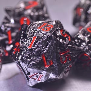Dragon Metal Dice Set for DND | 7PCS Sculpted Dice | Red & Black RPG Dice | Heavy Balanced Dungeons and Dragons Dice