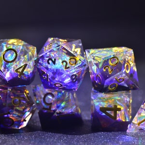 D&D Black purple dice |Purple Gold DND Dice | iridescent Dungeons and Dragons translucent  dice | polyhedral dice set| Sharp Edge Dice Set