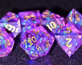 DND Purple Arcane dice，Purple wizard dice ，Holograph polyhedral Resin dice set，Purple Galaxy Dice，Dungeons and Dragons sharp edge  dice set