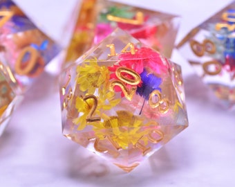 flower D&D dice set | Coloured flower translucent dice |Resin polyhedral dice set |Handmade sharp edge dice set