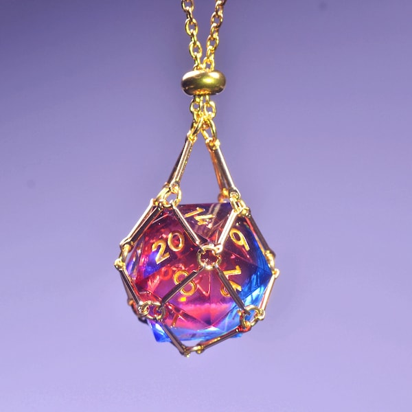 Collier cage de dés, collier de dés D20, collier cage en plaqué or 18 carats, pendentif d20, bracelet du MDN, cadeau de bijoux du MDN pour la Saint-Valentin