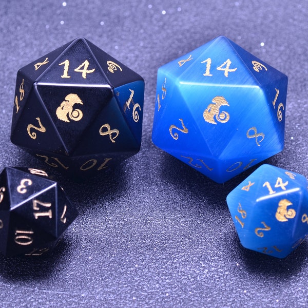Giant dice | Large D20 dice | 25mm big D20  | Gem D20 dice | blue cat-eye opal D20 dice | Obsidian D20 dice