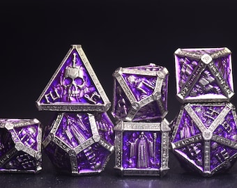 Purple Wizard Metal Dice Set - Necromancer Dice, Skeleton Mage dice Weighted DnD Dice Set with Amethyst，unique design D&D gift