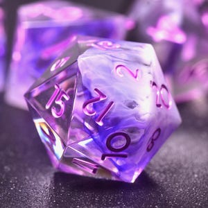 Purple Resin Dice Set: Sharp Edge Polyhedral with Swirling Silk