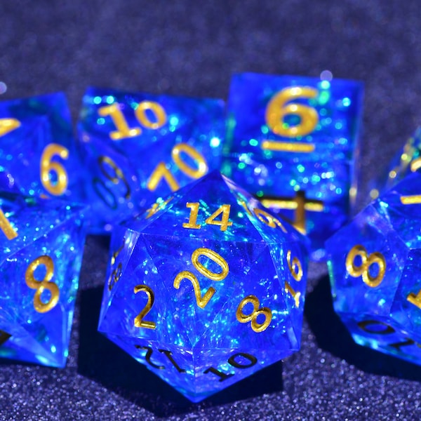 Deep blue sea dice set | Blue divine Dungeons and Dragons dice |Glitter polyhedral dice set | sharp edge  dice set