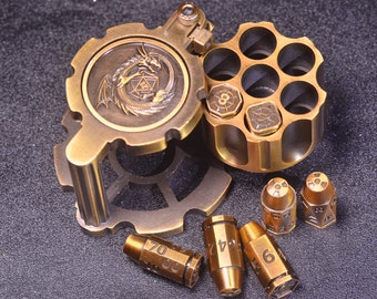 Revolver Bullet Dice Set - Unique 7-Piece Dice in Revolver Cylinder Casem，Weighted Metal Dice set, Unique Dice, DND Gift