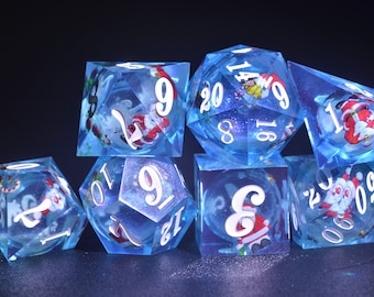 Blue Christmas Liquid Core Dice set, Santa Claus Dice dice,DND Sharp Edge dice, Dungeons and Dragons Christmas gift