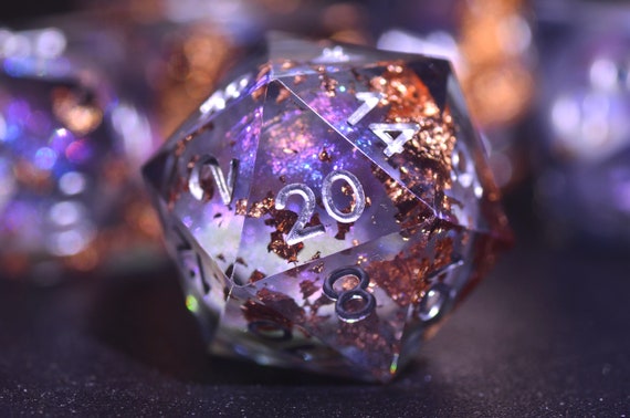 Purple Liquid Core Dice Set: Cosmic Stardust, Sharp Edge RPG Dice