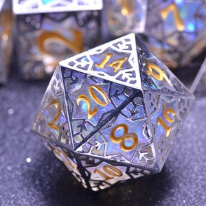 Snow Mage Snowflakes D&D dice set ,DND ice themed dice,Translucent polyhedral metal resin dice , sharp edge dice, Unique DICE GIFT