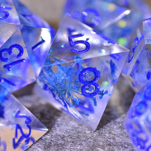 Blue flower Dungeons and Dragons dice set | Babysbreath flower dice | polyhedral dice set | sharp edge dice set