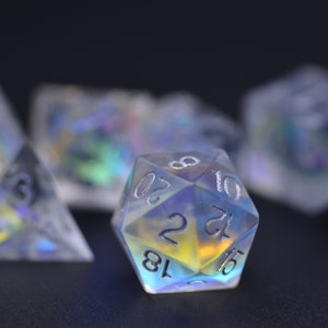 Holographic Sharp Edge DND Dice Set: Rainbow Silver Foil Resin