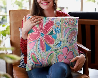 Hot Pink Floral Throw Pillow- Colorful Square Pillow for Couch, Sofa or Bed- Modern Home Decor Accent Cushion