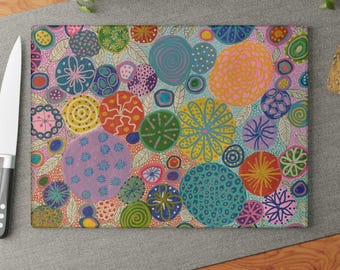 Tabla de cortar de vidrio con diseño de flores silvestres, decoración floral original para la cocina, tabla para servir con arte botánico.