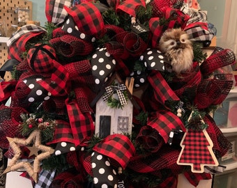 Red and black buffalo check Christmas wreath