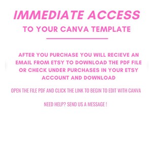 K&ouml;nnte beinhalten: Rosaer Text auf wei&szlig;em Hintergrund mit Anweisungen, wie man nach dem Kauf auf eine Canva-Vorlage zugreift. Der Text lautet: "SOFORTIGER ZUGANG ZU IHRER CANVA-VORLAGE NACH DEM KAUF ERHALTEN SIE EINE E-MAIL VON ETSY, UM DIE PDF-DATEI HERUNTERZULADEN ODER PR&Uuml;FEN SIE UNTER K&Auml;UFE IN IHREM ETSY-KONTO UND LADEN SIE HERUNTER &Ouml;FFNEN SIE DIE PDF-DATEI UND KLICKEN SIE AUF DEN LINK, UM MIT CANVA ZU BEARBEITEN BEN&Ouml;TIGEN SIE HILFE? SENDEN SIE UNS EINE NACHRICHT!"