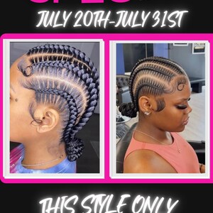 K&ouml;nnte beinhalten: Ein Flyer, der eine Spezialaktion f&uuml;r Z&ouml;pfe f&uuml;r 100 &euro; bewirbt. Der Flyer zeigt zwei Fotos von Frauen mit geflochtenen Frisuren. Der Text auf dem Flyer lautet "BRAID SPECIAL JULY 20TH-JULY 31ST THIS STYLE ONLY 100 &euro; BOOK NOW WWW.YOURWEBSITE.COM"