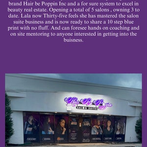 May include: Exterior view of a storefront with a purple sign that reads "Hair Be Poppin Salon Suites". The storefront has large windows with posters advertising services like crochet, sew-ins, and wigs.