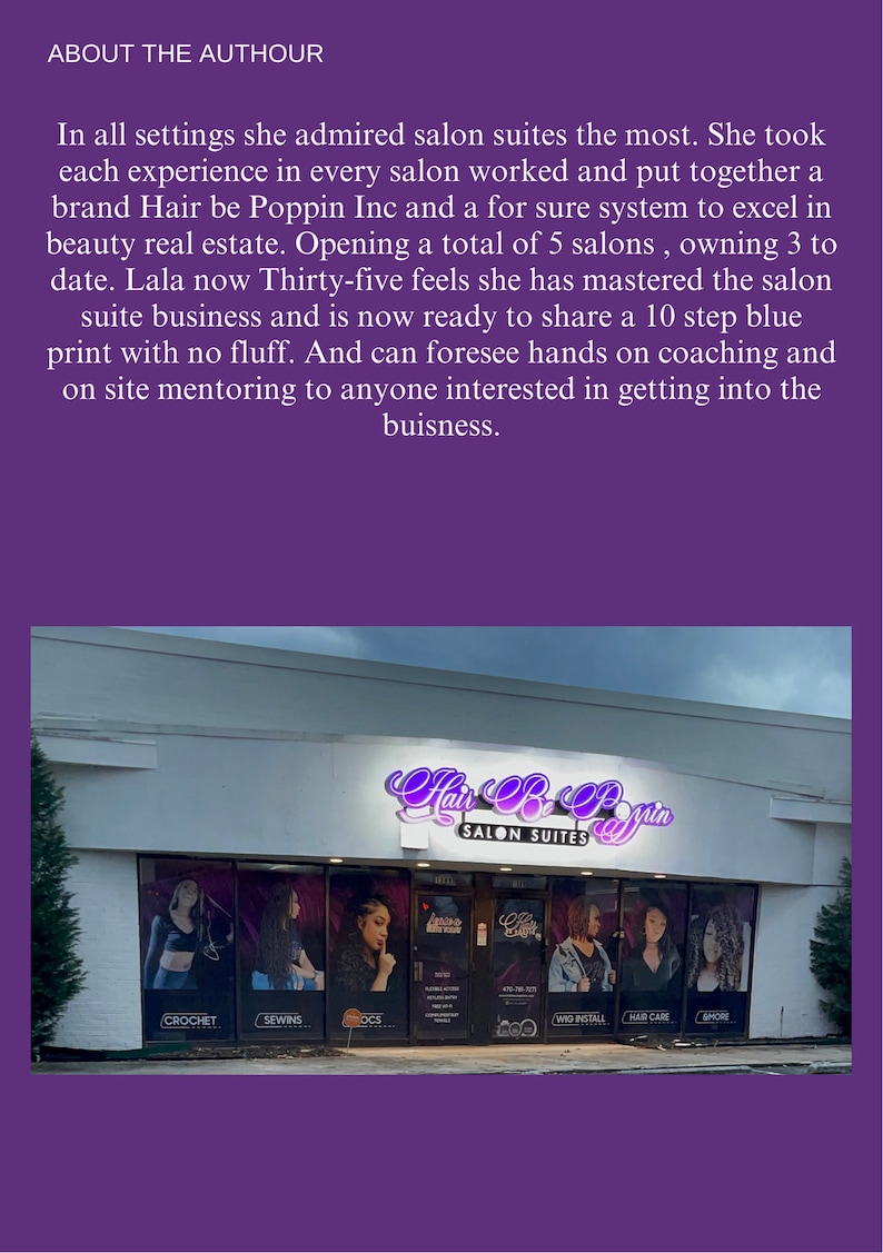 May include: Exterior view of a storefront with a purple sign that reads "Hair Be Poppin Salon Suites". The storefront has large windows with posters advertising services like crochet, sew-ins, and wigs.