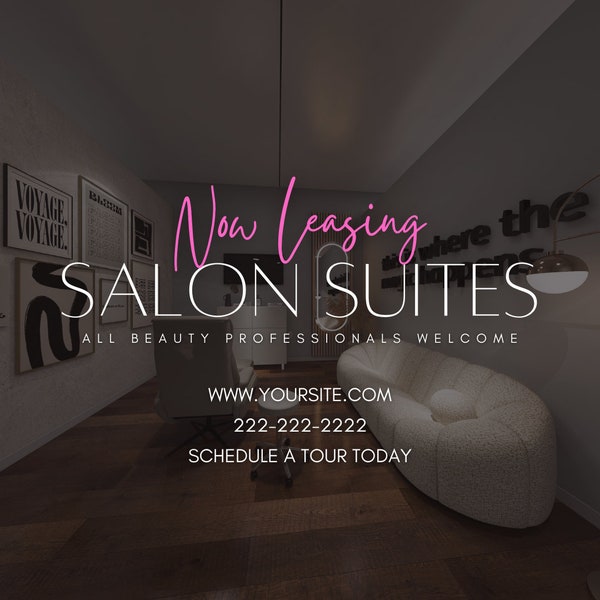 Now leasing salon suites animated template Canva editable