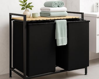 2-Compartment Fabric Laundry Hamper – Sliding Rail System – Durable Metal Frame – Washable Liner
