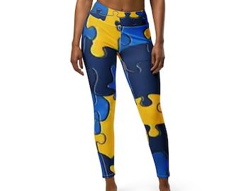 May include: Blue, yellow, and black leggings with a puzzle piece pattern.