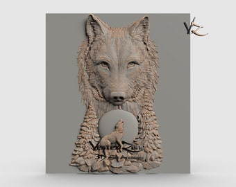 Wolf and Moon, 3D STL Model for Cnc users, CNC Router Engraver, V-Carve, Artcam, Vetric, CNC files, Wood, Art, Wall Decor