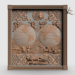 O mapa mundial, modelo 3D STL para usuários CNC, gravador de roteador CNC, V-Carve, Artcam, Vetric, arquivos CNC, madeira, arte, decoração de parede