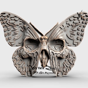 スカル バタフライ、CNC ユーザー向けの 3D STL モデル、CNC ルーター エングレーバー、V カーブ、アートカム、Vetric、CNC ファイル、木材、アート、壁装飾