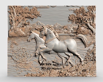 Horses, 3D STL Model for Cnc users, CNC Router Engraver, V-Carve, Artcam, Vetric, CNC files, Wood, Art, Wall Decor