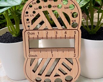 Yarn Ball Wooden Knitting Needle Gauge and Ruler