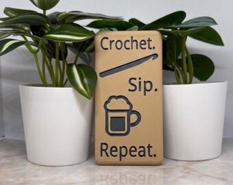 Novelty "Crochet. Sip. Repeat." Crafty Bottle Opener for Crocheters | Custom Colours