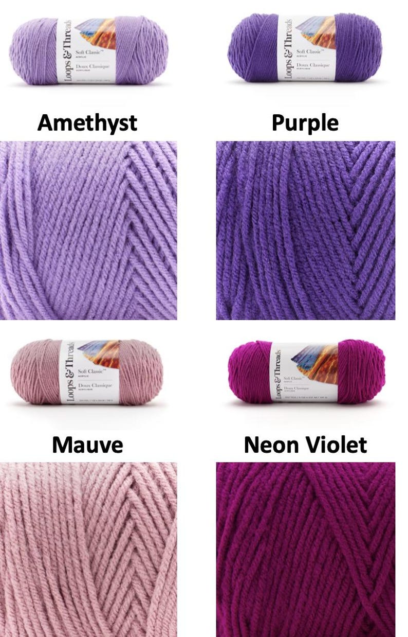 Puede incluir: Imagen de cuatro madejas de hilo en varios tonos de morado y rosa. Los colores est&aacute;n etiquetados como "Amatista", "P&uacute;rpura", "Malva" y "Violeta Ne&oacute;n". El hilo est&aacute; etiquetado como "Loops & Threads Soft Classic".