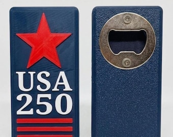USA 250th Fourth of July Star and Stripes Magnetic Bottle Opener in Blue, White, & Red