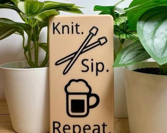 Novelty "Knit. Sip. Repeat." Crafty Bottle Opener for Knitters | Custom Colours