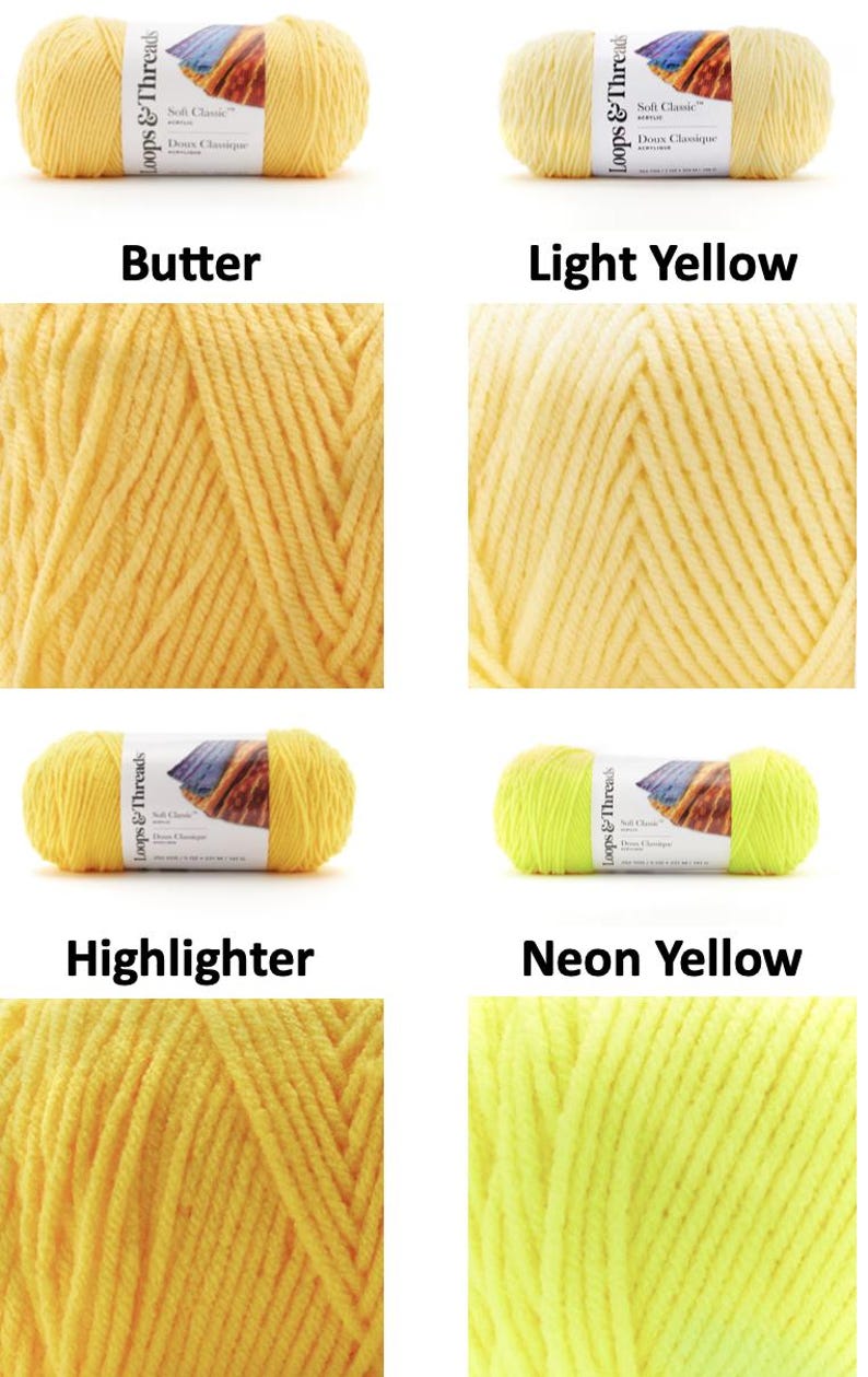 Puede incluir: Cuatro madejas de hilo Loops & Threads Soft Classic en varios tonos de amarillo. Los colores incluyen Mantequilla, Amarillo Claro, Resaltador y Amarillo Ne&oacute;n. Cada madeja est&aacute; etiquetada con la marca y el color.