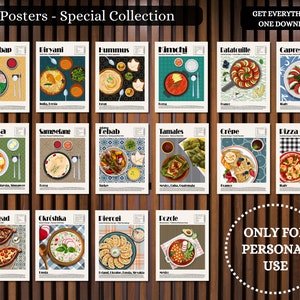 Set di poster alimentari di 28, arte della parete alimentare, cibi tradizionali stampabili, download digitale, Kimchi, Hummus, Biryani, Kebab, Poke Bowl, Nasi Lemak