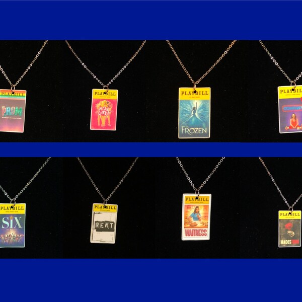 Playbill necklaces 2 - The Prom, Mean Girls, Frozen, Company, Rent, Six the Musical, Waitress, and Hadestown