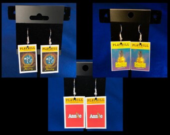 Playbill earrings - Broadway Musicals that were Cartoons! (Addams Family, Spongebob Squarepants, and Annie)