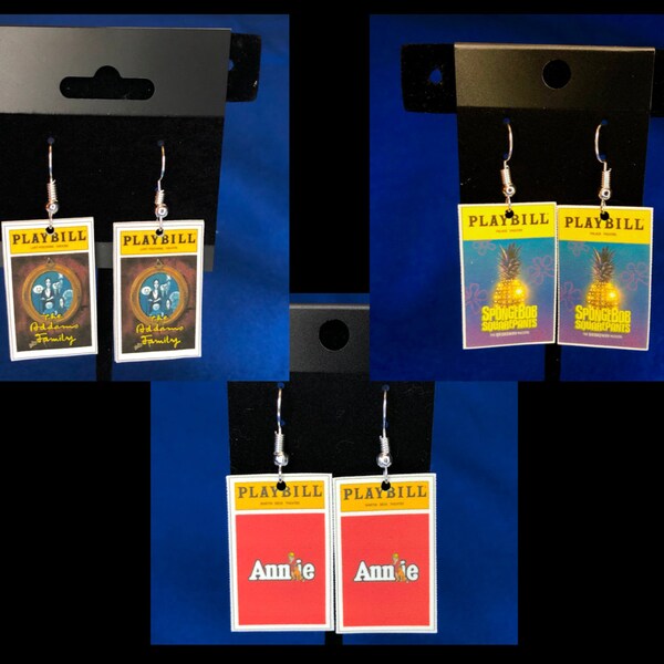 Playbill earrings - Broadway Musicals that were Cartoons! (Addams Family, Spongebob Squarepants, and Annie)