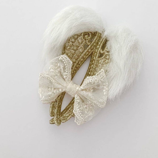 Christmas Ivory Lace Bow, Pigtails Bows for Girls, Headband Lace Bows