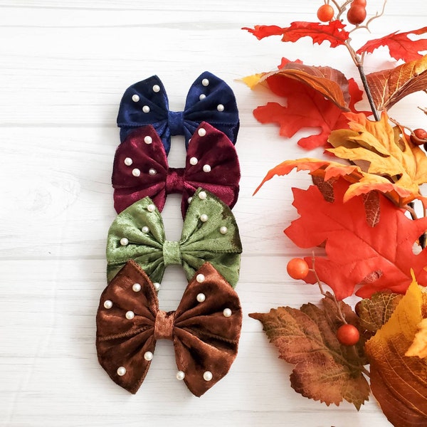 Hair Bows For Girls, Velvet Hair Bows, Bows with Pearls, Autumn Bows, Bows for Thanksgiving