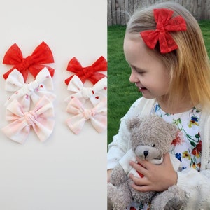 Red Heart Print, Plaid Pink Hair Clip Bows For Girls, Headband Bows For Babies, Fabric Bows, White with Hearts Bows