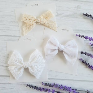 Noeud pour cheveux en dentelle blanche, noeud pour cheveux en dentelle champagne, noeud en coton blanc brodé, bandeaux blancs